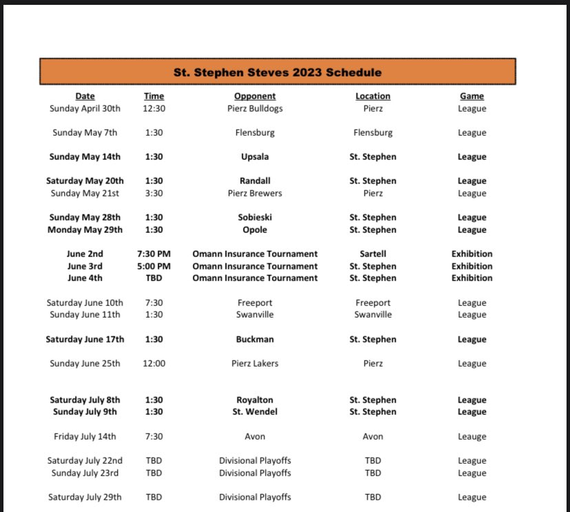 2023 <a href="/Steves_Baseball/">St. Stephen Steves</a> schedule is out, looking forward to opening day  Sunday in Pierz