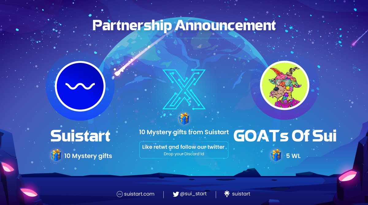 Sui_start's tweet photo. ⚡️ GIVEAWAY ALERT ⚡️ 
We're excited to announce our collaboration with
@SuiGoats

To celebrate, we're giving away 10 mystery gifts 🎁 from @Sui_start and 5 WL from @SuiGoats:
👉 Like, retweet and follow our Twitter. 
👉 Join Suistart zealy (https://t.co/vSOF9xQ6yQ) and finish 1 task 
👉 Post your Discord id.    

The Winners will be chosen at random using Twitter picker after 48 hours. Good luck !   
#Suistart #SUIS #SuiGoats #Sui #Moveecosystem #giveaway #SuiEcosystem