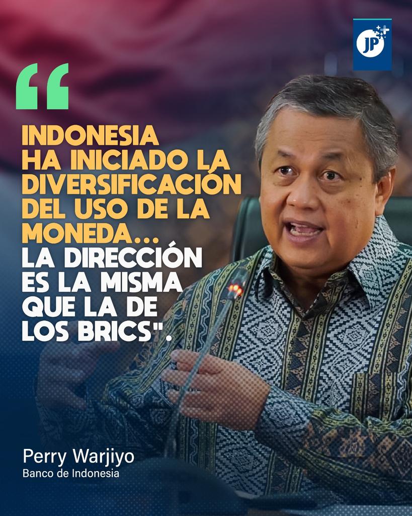 CsarLogon2504's tweet photo. 🇮🇩 Indonesia joined the BRICS initiative to eliminate dependence on the dollar to carry out international commercial transactions and instead do them with local currencies, confirmed the president of the National Bank of that country, Perry Warjiyo
#Inodonesia
@AbidinBoryta https://t.co/OIqdPyqED9