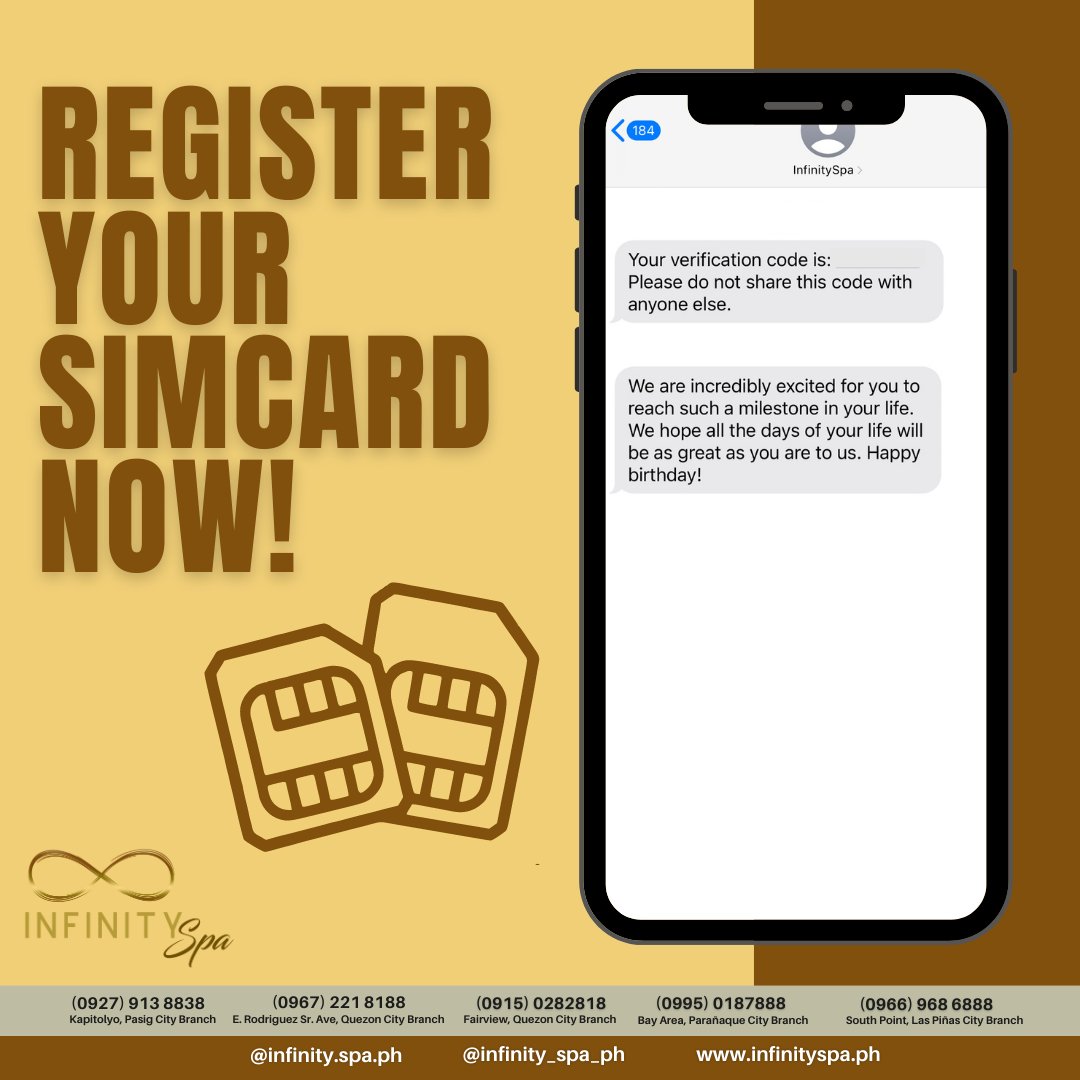 infinity_spa_ph's tweet image. You wouldn&apos;t want to miss our birthday greetings and alerts, will you? ♾
This is your sign to register your sim cards now. 💯

Follow the links below to register:
DITO: digital.dito.ph/pto/download/a…
GLOBE: new.globe.com.ph/simreg
SMART: smart.com.ph/simreg 

#SIMCardRegistration…