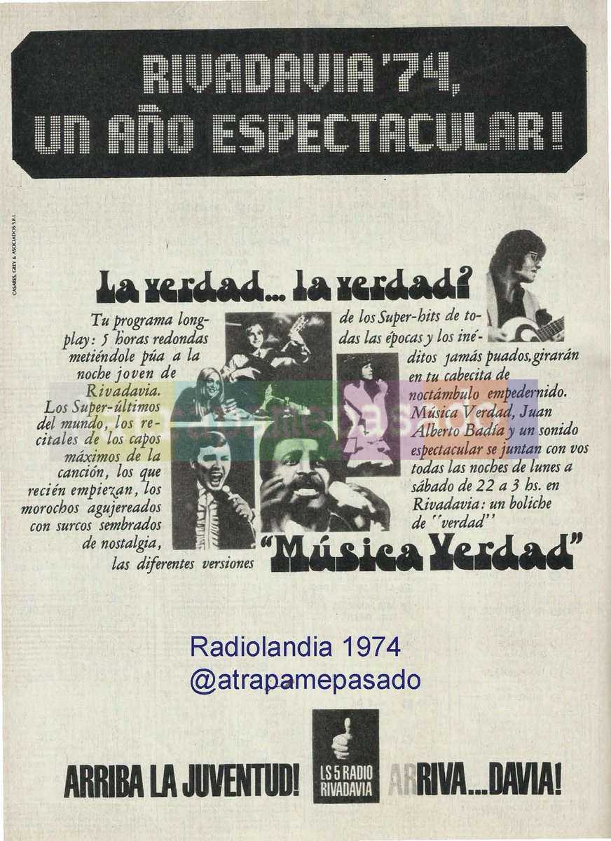 atrapamepasado's tweet photo. Noches musicales en LS5: #En1974, la juventud de Badía y su "Música verdad". #En1982, la experiencia de Rubén Aldao que ha convertido su mítico "Club de barbas" en un club nocturno con "Música y compañía".
#Rivadavia #65Años📻 https://t.co/Tq9d21VZB5
