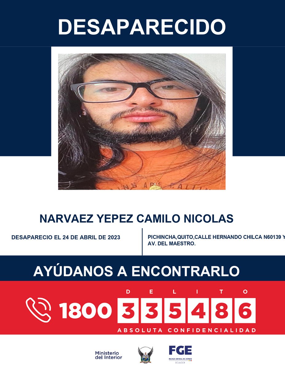 AsfadecEc's tweet photo. #AyúdanosAEncontrarlo | Camilo Narváez tiene 24 años y fue visto por última vez, hoy 24 de abril en el sector de la Rumiñahui, por las calles Hernaldo Chica y Av.del Maestro, en #Quito.
📷 Si lo has visto comunícate
Asfadec: 0992872742 / 0995601228 https://t.co/xnhvZG20Nb