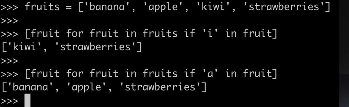 jpaulynice's tweet photo. Python tips # 4:

One of my favorite features in Python is list comprehension, something I use consistently.

What is list comprehension?

Instead of writing a verbose for loop you can write a compact list based on certain criteria. Here is an example: https://t.co/Ip6nhc8aF3
