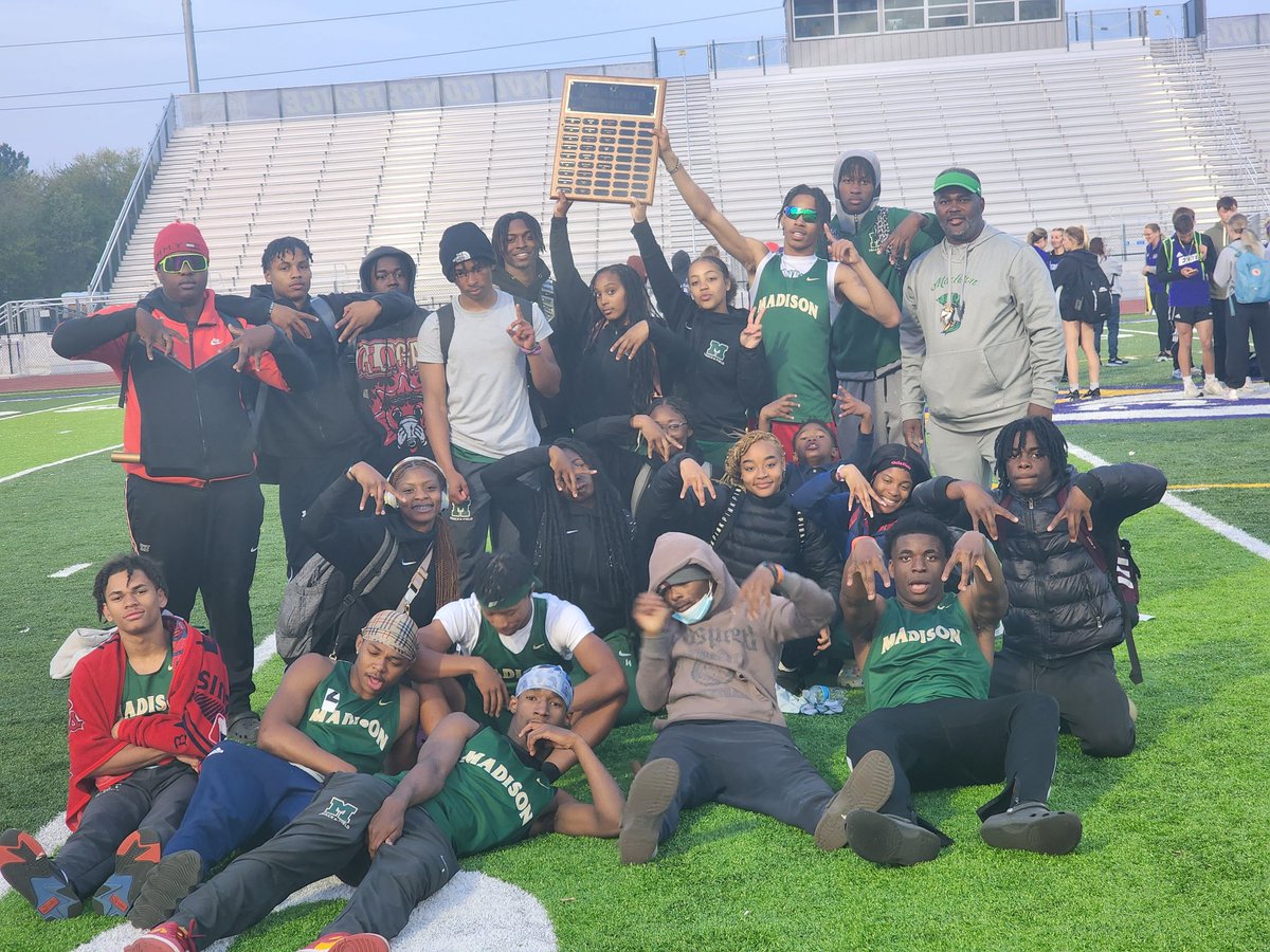 Madtowntrack's tweet photo. For the 1st time since 2019, the Madison Trojans are the 2023 Madison County Green division champions. Great battle till the end with Roxana High School. Great job by all the schools, and congrats @cmeaglestrack for hosting a great meet! https://t.co/ae56xp0bmh
