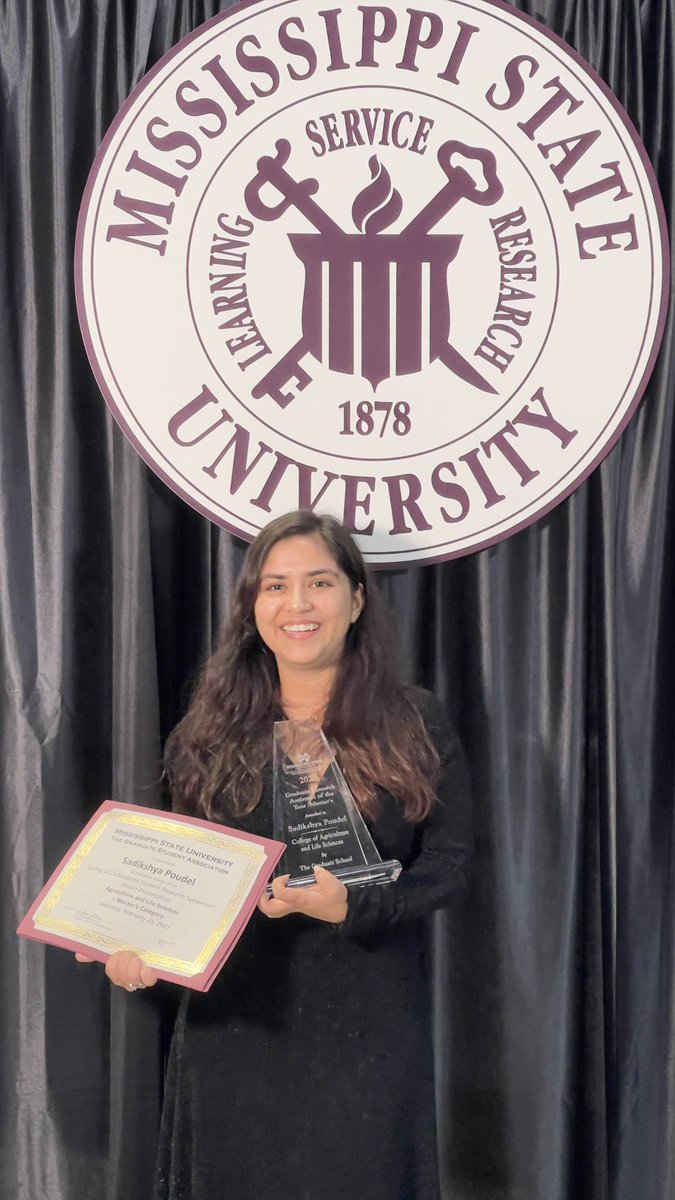 sadikxa5's tweet photo. Proud to have been named the Graduate Research Assistant of the Year (Master's Category) at Mississippi State University! I'm incredibly grateful for the support of my advisors, colleagues, and friends throughout my time at MSU. @MSStateGrads @MSSOY @msstate @MSU_AG https://t.co/1QY8GwCWb8
