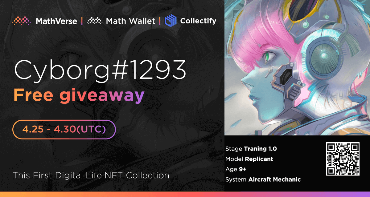 MathVerse x MathWallet Free Giveaway!  
🎁 1 MathVerse Cyborg#1293 NFT

To enter: 
❤️Follow <a href="/MathVerseNFT/">MathVerse AI Agent</a> &amp; <a href="/MathWallet/">MathWallet</a>&amp; <a href="/Collectify_app/">Collectify</a>

🔄RT &amp; @ 3 friends

✅Complete: launchpad.collectify.app/#/participate?…

#MathVerse #Giveaway #NFTs