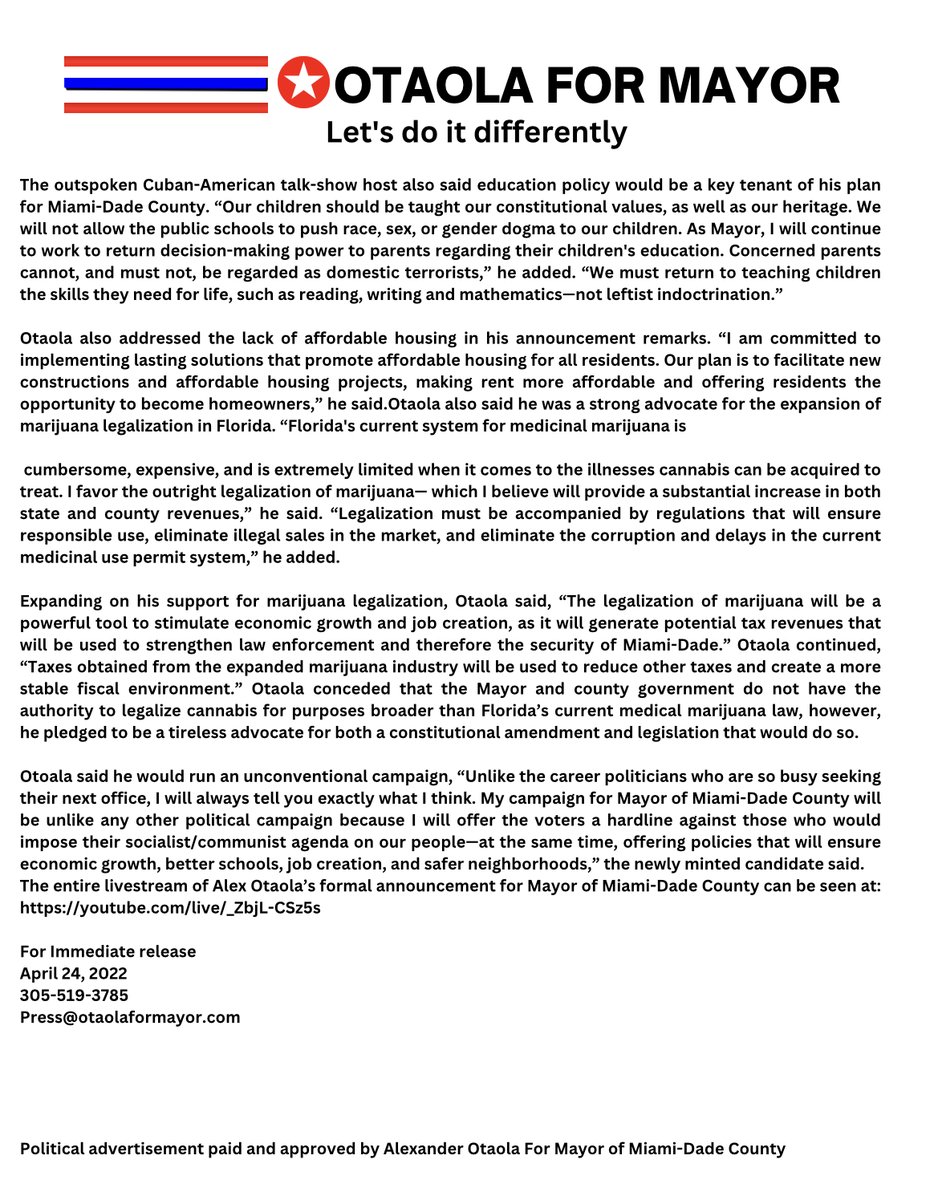Press Release from <a href="/alexotaola/">Alex Otaola</a> candidate for Mayor of Miami-Dade County  

#otaola4mayor
#otaola2024 #letsdoitdifferently
#miamivscommunism #freedom
#usa  #electionsready2024
#miamidade