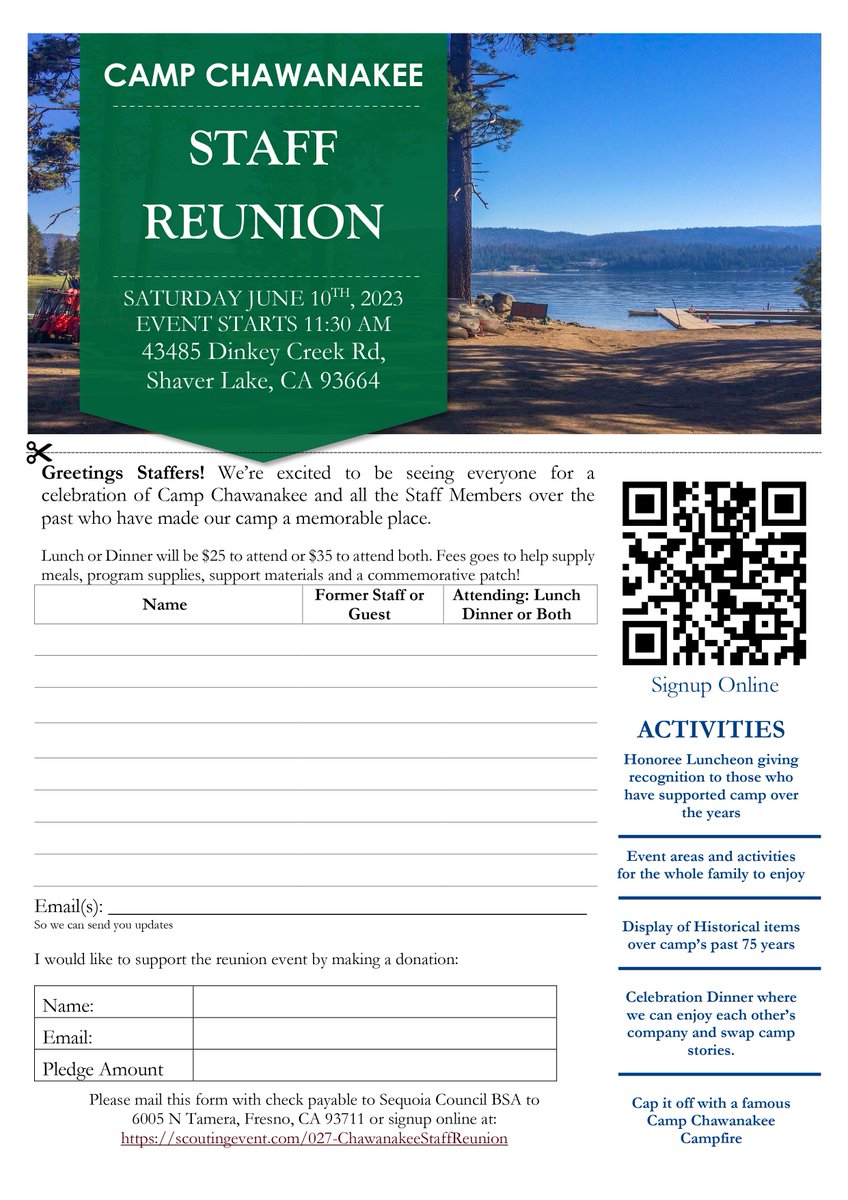 CALLING ALL CHAWANAKEE STAFFERS!!

Sequoia Council will be hosting a Chawanakee staff reunion on Saturday, June 10, 2023 at camp. Please see the link below for additional information!

Sign up online &amp; download PDF registration form
--> scoutingevent.com/027-Chawanakee…