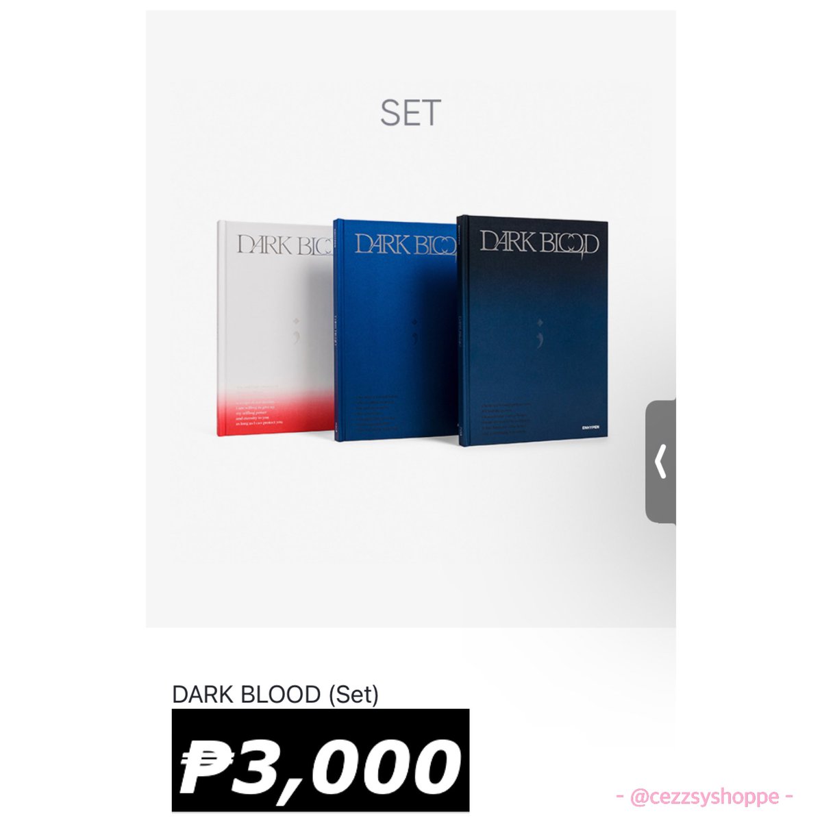 cezzsyshoppe's tweet photo. #ENHYPEN #DARKBLOOD Pre-Order
Random - ₱1,080
SET - ₱3,000
Engene ver. Random - ₱880
Engene ver. SET - ₱5,100
Album &amp; #weverse POB details on thread
release: 5/22~29
under box 14 #KoreaPasabuy https://t.co/SiIkaiHHqT