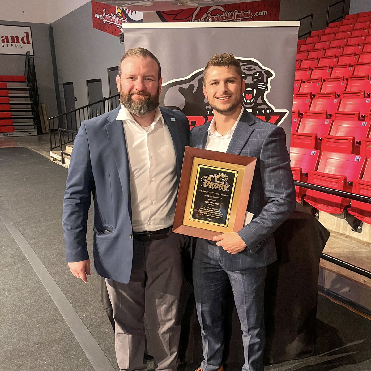 Drury_Wrestling's tweet photo. Peter Kuster is going home with✌🏻 pieces of hardware 🏆 

The Panther was awarded best NCAA male individual performance, as well as the Dr. Edsel Matthews Outstanding NCAA male athlete of the year. 

Will Kuster was the Panther Pride Award recipient for the wrestling team. https://t.co/X9Lwpk7dBB