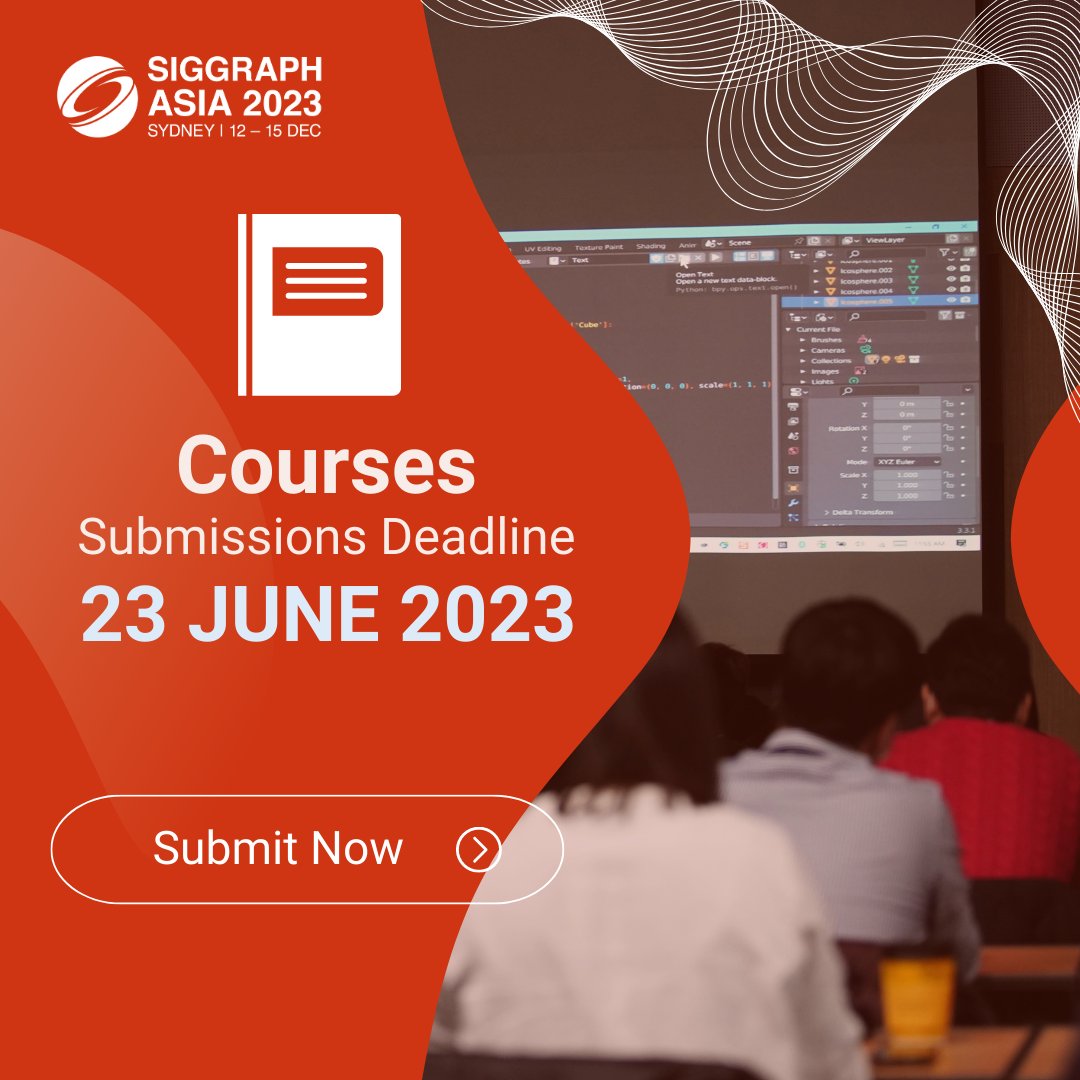SIGGRAPHAsia's tweet image. Help push the boundaries of #ComputerGraphics &amp;amp; #InteractiveTechniques by providing master classes at #SIGGRAPHAsia2023 this Dec in Sydney! Submit by 23 June 2023!  asia.siggraph.org/2023/submissio… #SAcourses #Education #MasterClasses #Research #CG Courses Chair: @poljeremias