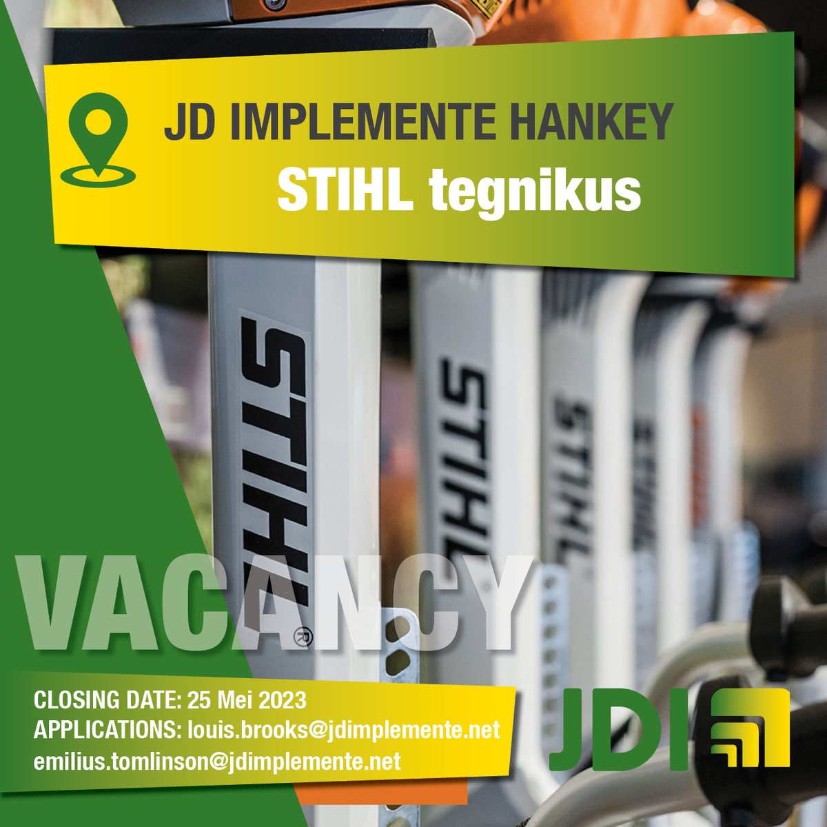jdimplemente's tweet photo. 📣 Vakante pos - Hankey

JDI Hankey het 'n vakante pos beskikbaar vir 'n STIHL tegnikus.

📆 Sluitingsdatum: 25 Mei 2023
👉 Stuur jou CV na louis.brooks@jdimplemente.net of emiluis.tomlinson@jdimplemente.net

#JDI #VakantePos #STHIL #Tegnikus #Hankey https://t.co/ReNuQZt5kr