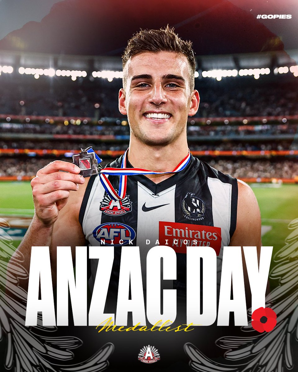 CollingwoodFC's tweet photo. Nick Daicos, ANZAC Day Medalist 🏅 https://t.co/YzuFc70Zyf