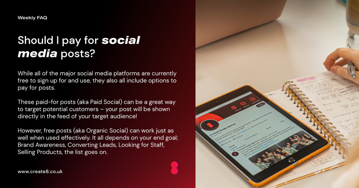 Create8Ltd's tweet image. If your business uses social media, you might be considering Paid Social as part of your marketing strategy. But do you actually need to pay for posts in order to be successful?

#Create8 #SocialMediaForBusinesses #SocialMediaTips