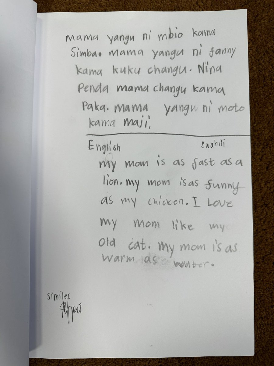 RosenowRon's tweet photo. Why not make your simile and metaphor poems bilingual?

It is as EASY as adding this expectation to your directions for the lesson. 

One G2 student said she never writes in Swahili at home. 

Schools can play a major role in providing opportunities for writing in home languages! https://t.co/mUZJi9DpEQ