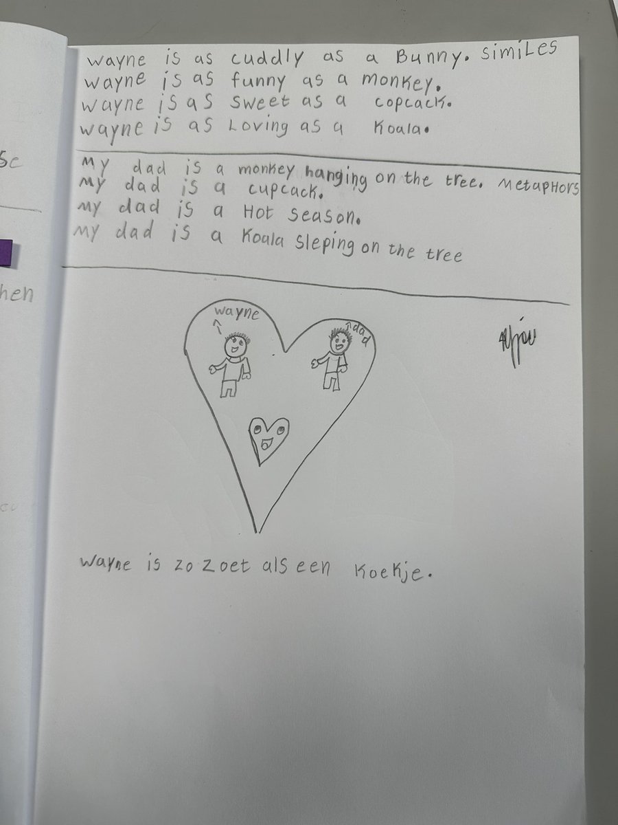 RosenowRon's tweet photo. Why not make your simile and metaphor poems bilingual?

It is as EASY as adding this expectation to your directions for the lesson. 

One G2 student said she never writes in Swahili at home. 

Schools can play a major role in providing opportunities for writing in home languages! https://t.co/mUZJi9DpEQ