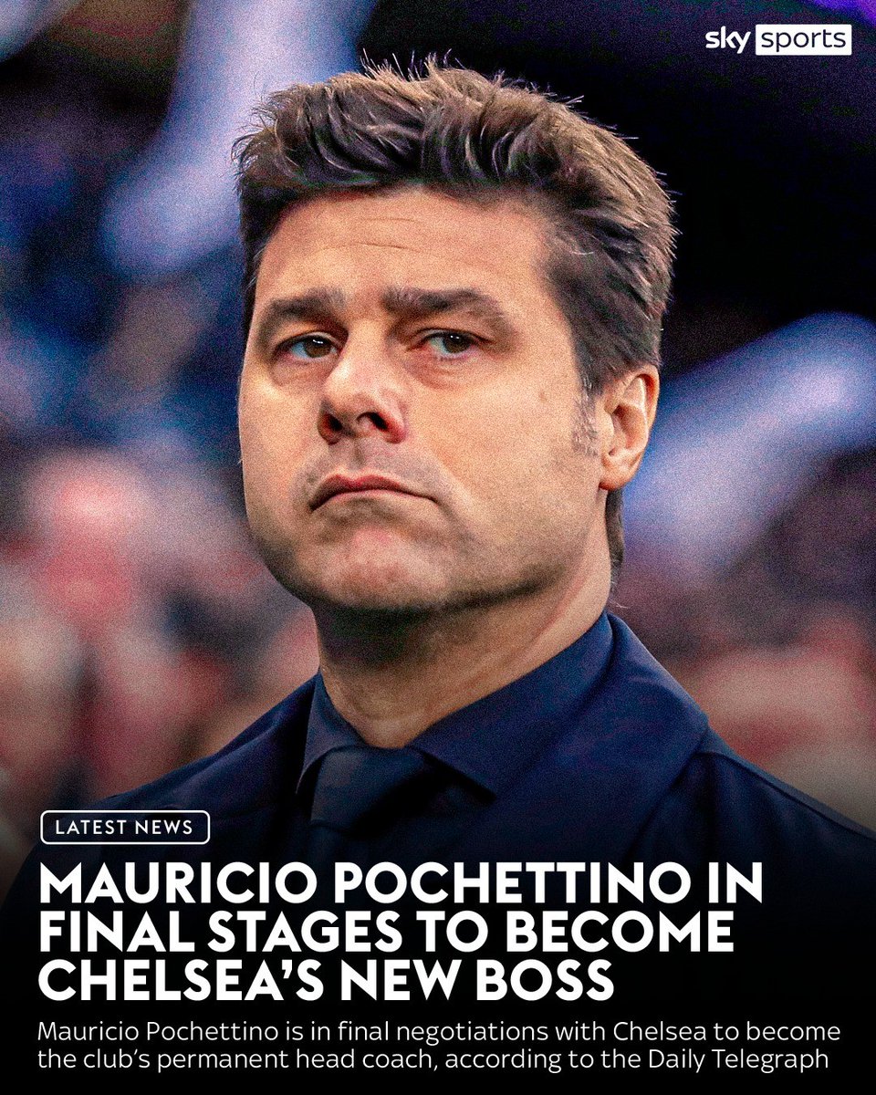 SkySportsPL's tweet photo. According to reports, Mauricio Pochettino is in final negotiations with Chelsea to become the club’s permanent head coach with the Argentine set to be followed into Stamford Bridge with his four-man brains trust 🗞️⏰ https://t.co/MxNdyvSeSz