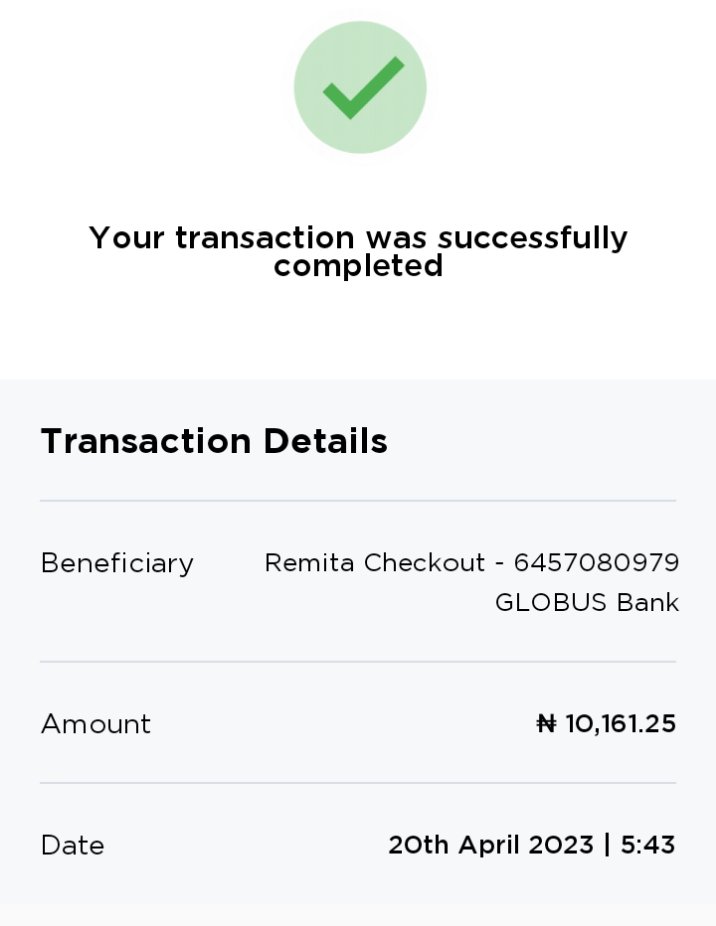 olasupoolami's tweet photo. @RemitaNET I made a complain of the payment I made via transfer on 20/04/2023,  with RRR NO: 2508-2460-3502, A TRANSFER OF #10,161.25 WAS TO GLOBUS BANK WITH ACCOUNT NUMBER: 6457080979.. I called and even chat with an agent but this transaction has not been confirmed.. https://t.co/wLQDN0GUca