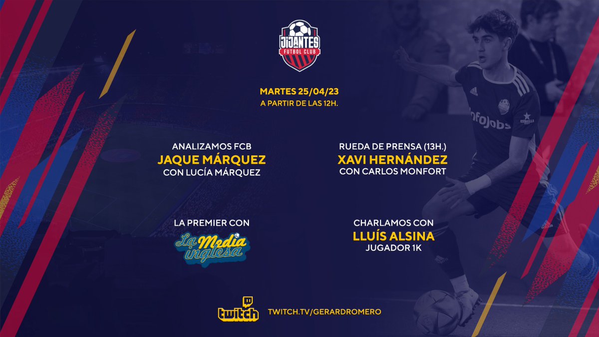 📺 A las 12h nos vemos en <a href="/JijantesFC/">Jijantes FC</a> 

♟️ #JaqueMarquez @7Marquezg 

🎙️ La rdp de Xavi Hernández (13h)

⚽La Premier League con <a href="/LaMediaInglesa/">La Media Inglesa</a> 

🗣️ Charlamos con <a href="/lluisalsina_/">Lluis Alsina</a> 

twitch.tv/gerardromero