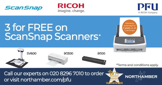 From now until 30th September 2023, you can get a free* Extended 3 Year Warranty with the purchase of any new ScanSnap. *Ts &amp; cs apply.
Talk to team about Fujitsu (soon to be Ricoh) scanners on 020 8296 7010 or visit northamber.com/pfu.
#DocumentManagement #Ricoh #Fujitsu