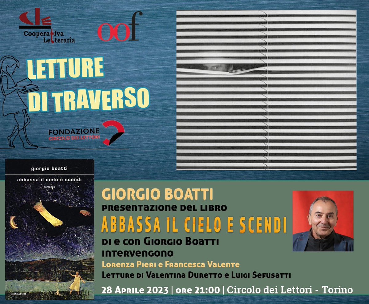 FuoriAsse's tweet photo. 28 aprile 2023 | ore 21
@CircoloLettori  
Giorgio Boatti “abbassa il cielo e scendi” (@Mondadori ) 
https://t.co/5hXGnHICaU https://t.co/4G8gYZLXsS