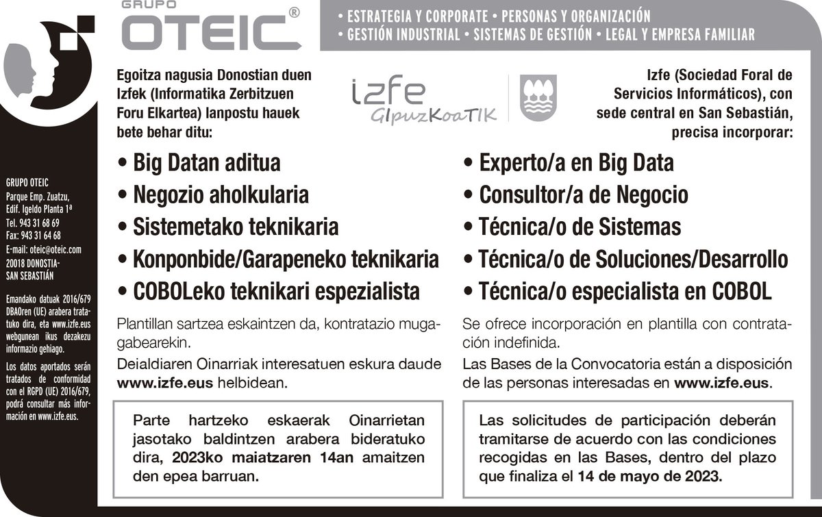 Egun on!! Hemen duzue Izfek atera berri duen lan-eskaintza. Animatu eta partekatu!! #laneskaintza #ofertadeempleo #gipuzkoa