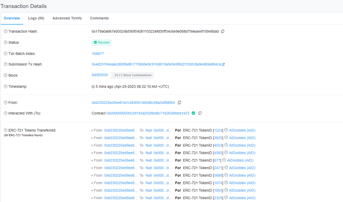 🔥 We bought and burned 72 NFT for today.

Check here: arbiscan.io//tx/0x9905728c…
arbiscan.io//tx/0x179a0a66…

The floor price will gradually increase to 1 ETH, let's do it together.

⏰ Launch : 4PM UTC April 25

#AIDoobles #Arbitrum #freemint #airdrop #meme #ape #NFTdrops #arb