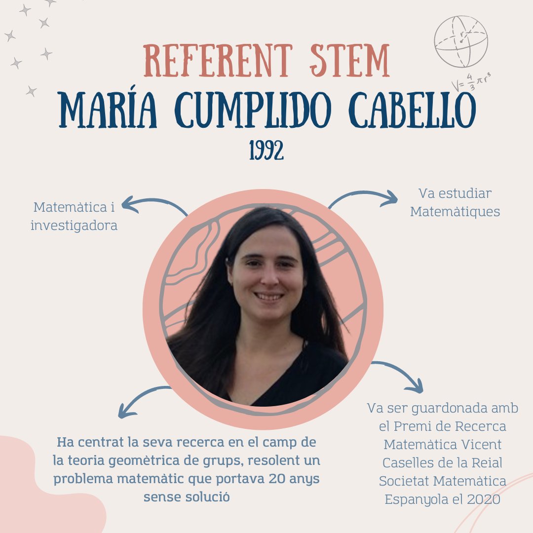centre_bit's tweet photo. Avui fa 31 anys la María Cumplido, que ha centrat la seva recerca en el camp de la teoria geomètrica de grups, resolent un problema matemàtic que portava 20 anys sense solució #ReferentSTEM #DonesSTEM https://t.co/q9cuq26aaF