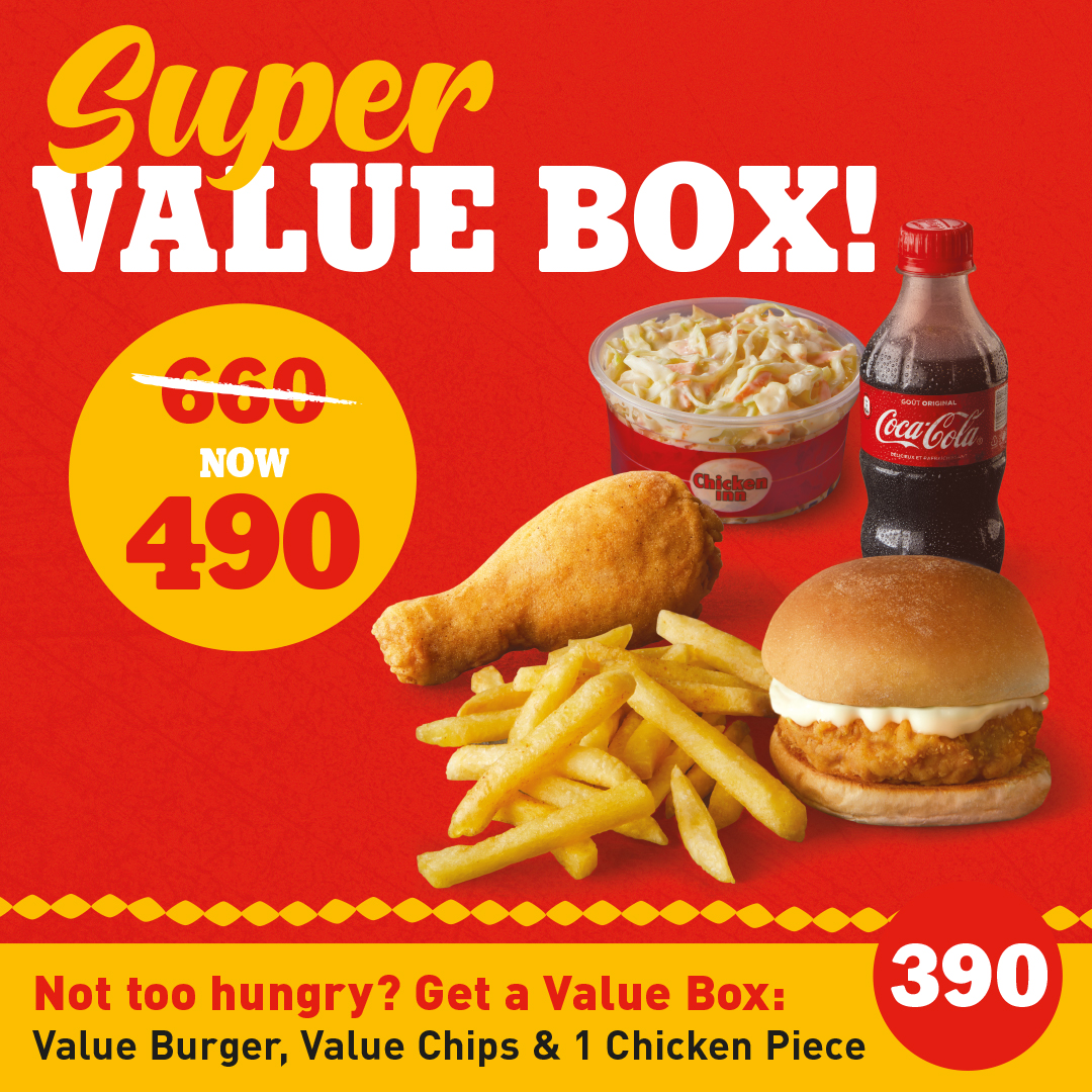 ChickenInnKe's tweet photo. Our value box meal is a steal😋 Wale wa chipo na kuku na burger😉 tukutane hapa!
Get the Value Box, and enjoy a value burger, value chips &amp; 1 chicken piece for 390shs only or add a coleslaw and 350ml soda and get the Super Value Box for 490shs.
#ValueBox #SuperValueBox https://t.co/3OYePa65Hs