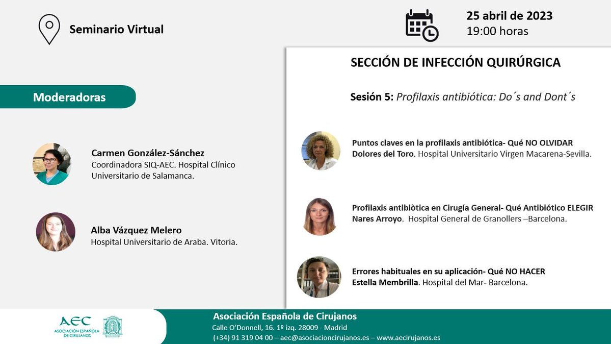 aecirujanos (@aecirujanos) on Twitter photo 📆Hoy, a las 19 h, se celebrará una nueva sesión de #AulaVirtualAEC. <a href="/SIQ_aecirujanos/">SIQ de la AEC</a> organiza el #webinar “Profilaxis antibiótica: Do’s and Dont’s”. Participan <a href="/DraCGS1967/">carmen gonzalez</a>, <a href="/LittleSinuhe/">Alba Vázquez-Melero MD PhD</a>, <a href="/LoladelToro2/">Mª Dolores del Toro</a>, <a href="/ArroyoNares/">Nares Arroyo, MD, PhD</a> y Estela Membrilla.
Inscríbete aquí👇
ow.ly/mBCY50NQhqk 📆Hoy, a las 19 h, se celebrará una nueva sesión de #AulaVirtualAEC. <a href="/SIQ_aecirujanos/">SIQ de la AEC</a> organiza el #webinar “Profilaxis antibiótica: Do’s and Dont’s”. Participan <a href="/DraCGS1967/">carmen gonzalez</a>, <a href="/LittleSinuhe/">Alba Vázquez-Melero MD PhD</a>, <a href="/LoladelToro2/">Mª Dolores del Toro</a>, <a href="/ArroyoNares/">Nares Arroyo, MD, PhD</a> y Estela Membrilla.
Inscríbete aquí👇
ow.ly/mBCY50NQhqk