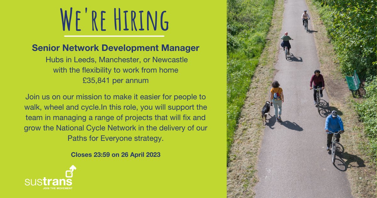 Vacancy closing tomorrow!

Help us on our mission to fix and grow the #NationalCycleNetwork as we work towards making our paths for everyone. Join a flexible team at one of our hubs in the north of England.

Apply here:
sustrans.org.uk/job-vacancies/…

Closes 23:59 on 26th April 2023