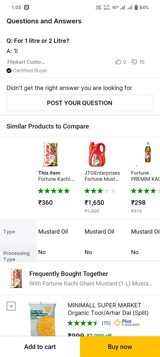 ROCKPUSPENDU6's tweet photo. @Flipkart same product at two different prices at the same time on app(fortune mustard oil) https://t.co/NVpC3EzwCn