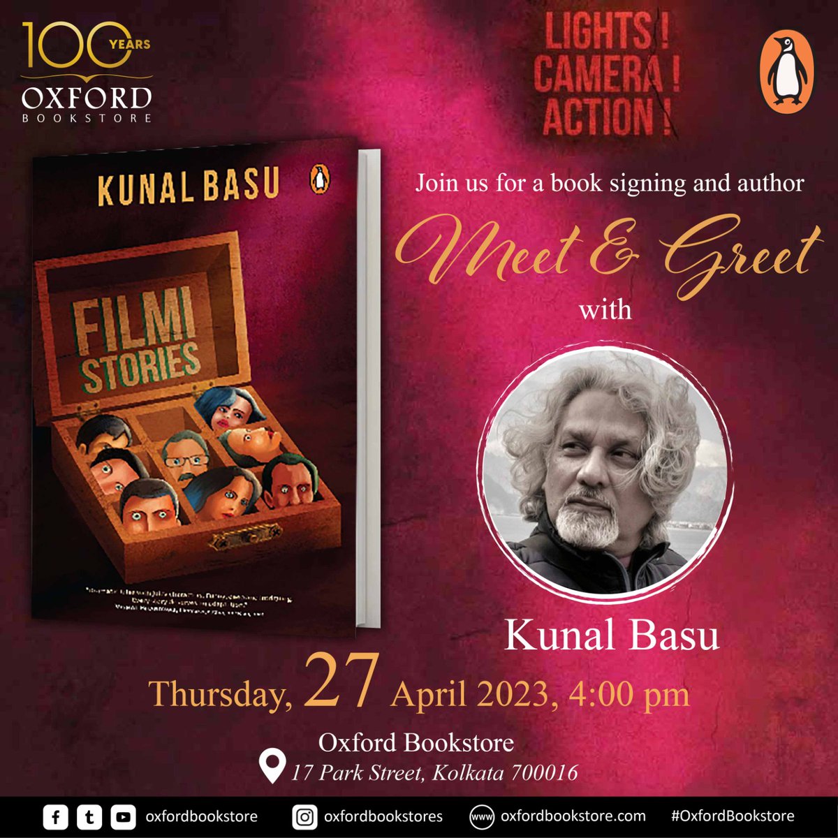 oxfordbookstore's tweet photo. #Kolkata , join us for a Meet and Greet session with author Kunal Basu and get signed copies of his latest book Filmi Stories on Thursday, 27 April 4 PM at Oxford Bookstore Park Street.
@kunalbasu100 @PenguinIndia 
#BookSigning #KunalBasu #FilmiStories #OxfordBookstore https://t.co/FR0p8fYD82