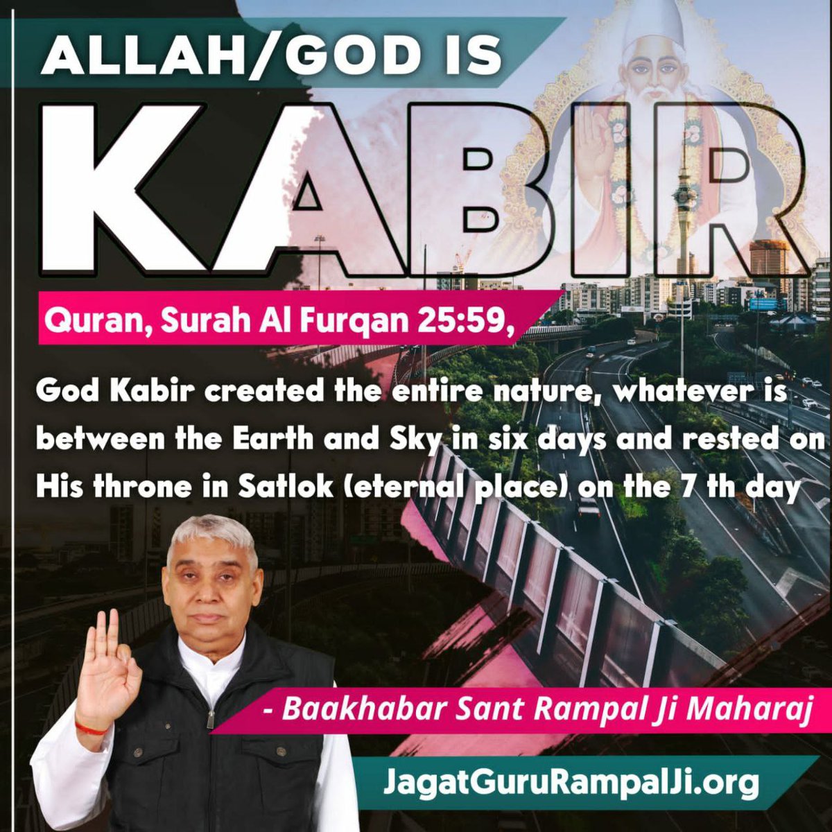 Allah/God is Kabir 
Quran, Surah Al Furqan 25:59,
God Kabir created the entire nature, whatever is between the Earth and Sky in six days and rested on His throne in Satlok (eternal place) on the 7 th day
- Baakhabar Sant Rampal Ji Maharaj

Tucker

#KabirIsGod