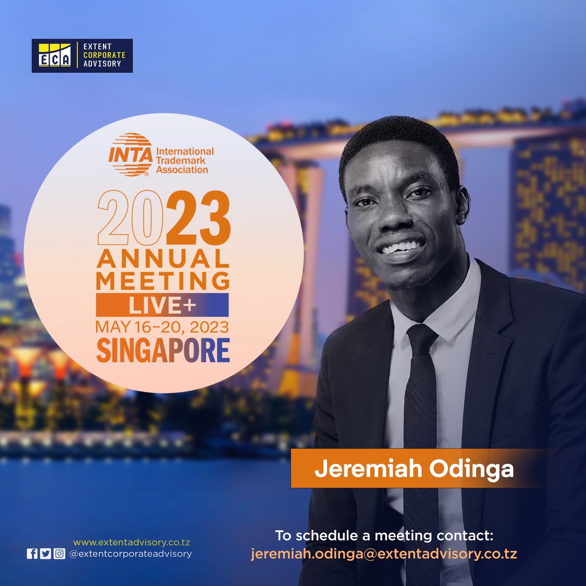 OdingaJeremiah's tweet photo. I'm excited to announce that I'll be representing @AdvisoryExtent at the upcoming @INTA Annual Meeting, taking place in Singapore from May 16-20, 2023. 

As the global IP event of the year, I can't wait to connect with a diverse community of IP lawyer. https://t.co/Ye0yqv9s1n