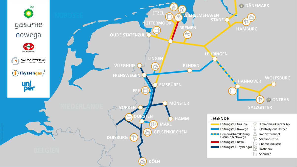 Wir planen zusammen mit <a href="/Gasunie/">Gasunie</a> eine Leitung, die #H2 von Wilhelmshaven nach Köln transportiert. Mit <a href="/bp_Deutschland/">bp in Deutschland</a>, <a href="/nowega_gmbh/">Nowega GmbH</a>, NWO, <a href="/SalzgitterAG/">Salzgitter AG</a> &amp; <a href="/UniperGermany/">Uniper Deutschland</a> bekommen wir nun Verstärkung in allen Bereichen, von der Erzeugung bis zum Verbrauch 💪t1p.de/xuvmr