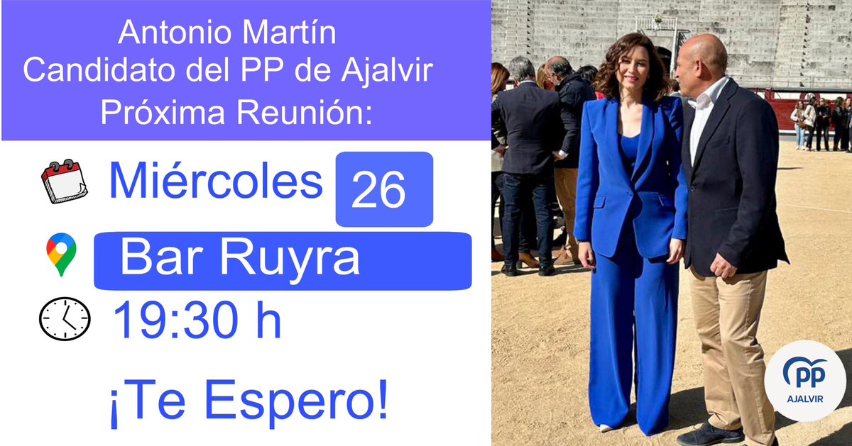 ppajalvir's tweet photo. Mañana miércoles 26, a las 19:30 h, nos reunimos el Equipo del Partido Popular de Ajalvir en el Bar Ruyra, si tienes algo que proponer, pásate y nos cuentas. ¡Te Esperamos!
CON GANAS https://t.co/GWlS7InPYS
