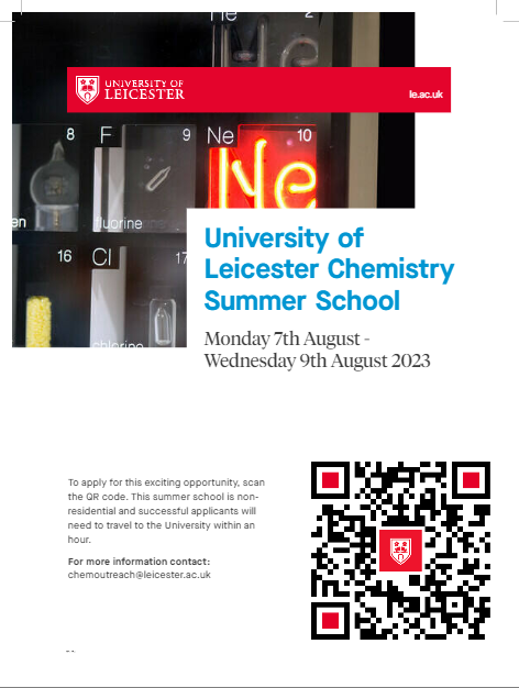 📢BIG NEWS📢 We've obtained funding from the @RoySocChem to run our first Chemistry Summer School on 7-9 August! If you're a y12 student from the Leicester area who is considering studying #Chemistry, you can register here: shorturl.at/dlHP5 @uniofleicester @LeicesterFSO
