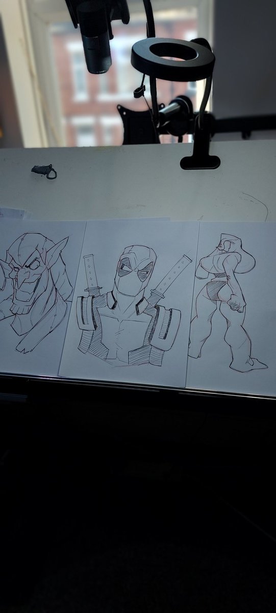 ONeillDominic's tweet photo. Morning Scrawlings before work.  
#warmupsketch #practice #sketching #sketchbookdrawing #illustration #deadpool #form #greengoblin #hobgoblin #artjournal https://t.co/vwnTEkV3V4