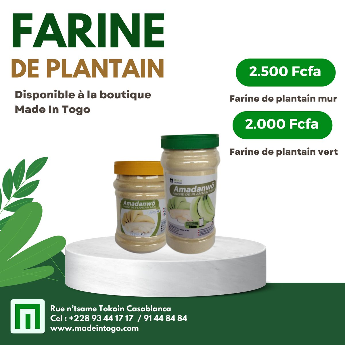 madeintogo_com's tweet photo. Adoptez les #farines locales de #plantain mur et vert pour une cuisine authentique.
Commandez dès maintenant sur 👉 https://t.co/MPxb9b4BfI

Farines disponibles à la boutique MADE IN TOGO.

Tel / Whasp: (+228) 91 44 84 84 | 93 44 17 17 

#MadeinTogo #Togopride #Consommerlocal https://t.co/Ts59c0s9xd