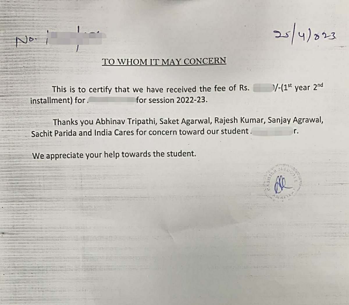 indiacares_2020's tweet photo. They say it takes a village to raise a child.

Time and again, our #PromiseBank contributors have proven this saying to be true. They came together to assist a bright, meritorious student who literally burned the midnight oil studying YouTube tutorials to succeed in the NEET exam. 

A big thank you to Abhinav Tripathi, Saket Agarwal, Rajesh Kumar, Sanjay Agrawal, Sachet Parida who helped our Doctor-to-be with his second semester fees. Also a special thanks to Dr @shuchinbajaj & Dr Mridu Gupta for their assistance in coordinating the fee payment. 

Our sincere gratitude goes out to SP Ambala, @AmbalaPolice for their support and assistance during this process.

#PromiseBank is indebted to its supporters for continuing to honour the promise to facilitate happiness to the ones in need.

#IndiaCares