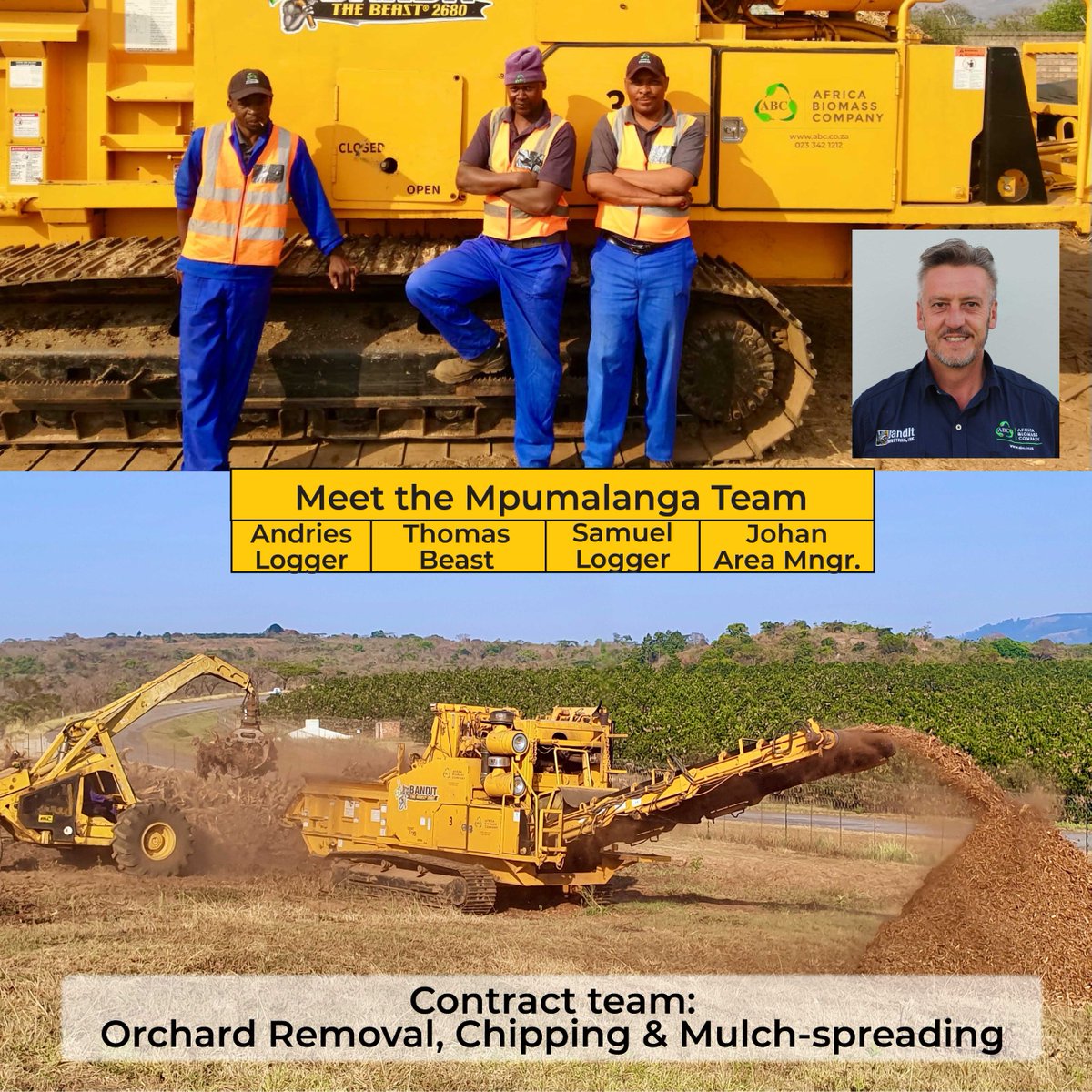 InfoBiomass's tweet photo. Please meet our ABC Limpopo Team. Andries and Samual operate the 3-wheel loggers, feeding material to Thomas, our Beast operator, to produce valuable mulch or dimensional wood chips. Johan van Biljon (Area Manager) oversees the whole operation. https://t.co/FKfE1tHk5O