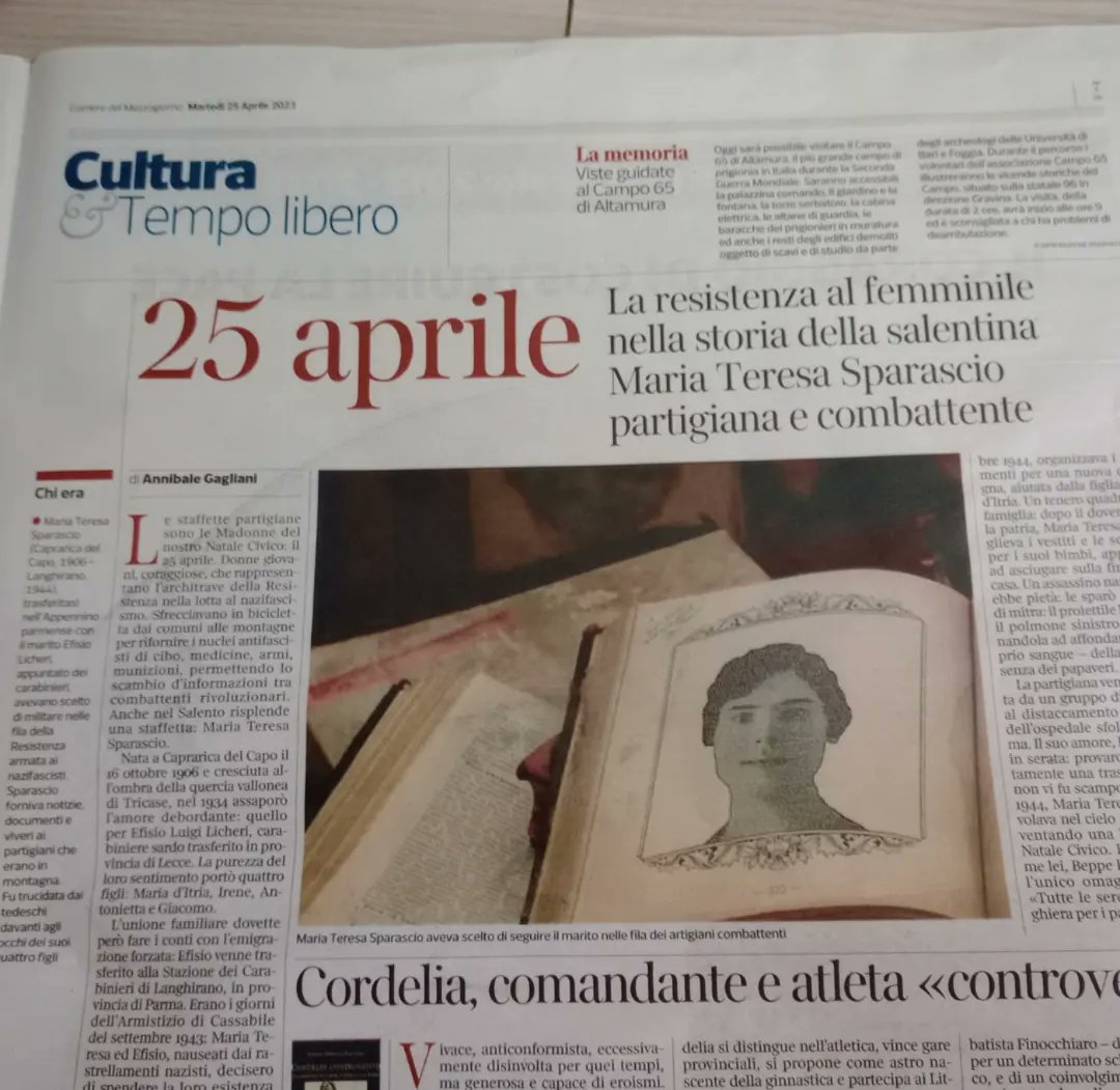 Gagliani92's tweet photo. Buon Natale Civico! Oggi sul Corriere del Mezzogiorno racconto la vita di una staffetta partigiana: madre, indomita, salentina: Maria Teresa Sparascio. Una Madonna della Resistenza...
#25aprilesempre #25aprile #resistenza #partigiani #tricase #puglia https://t.co/kxRPgbpYou