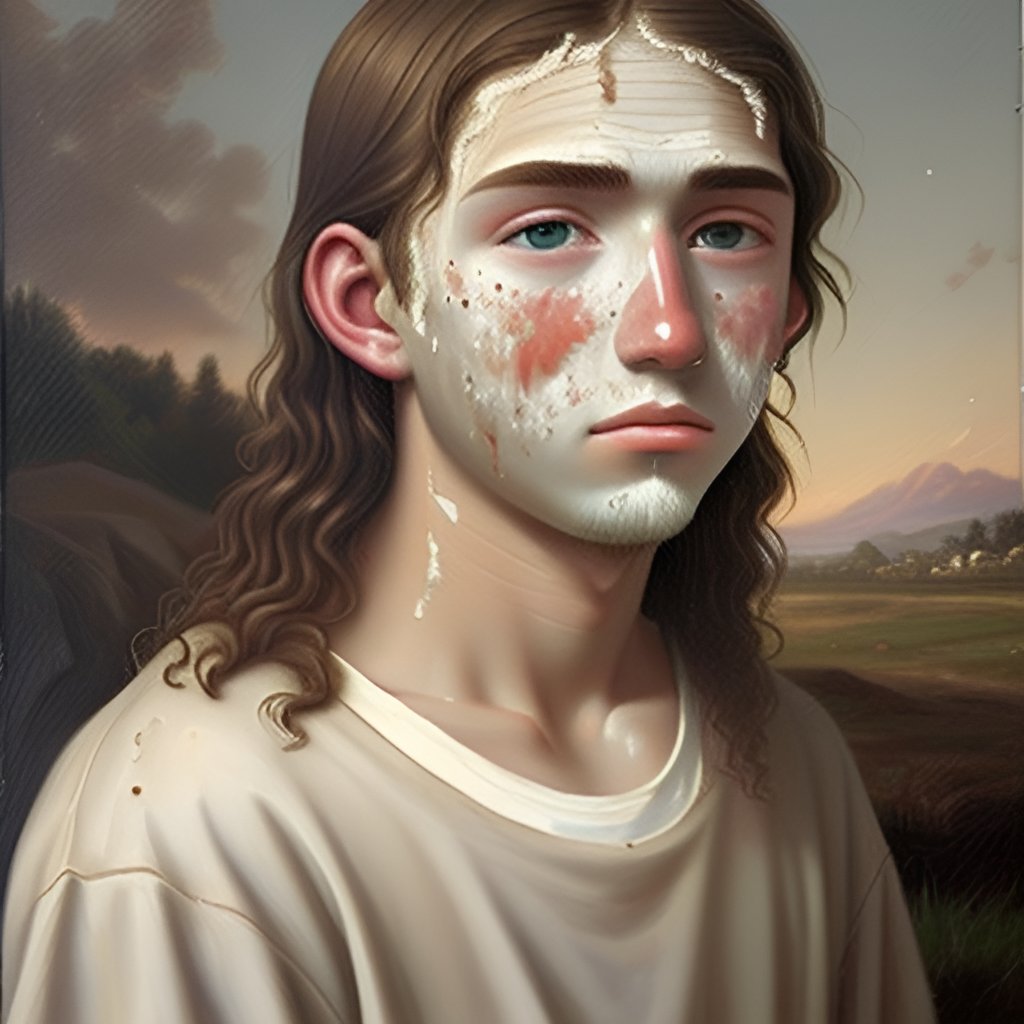 benary22's tweet photo. @twitkalk inspiriert von einer Kalk &amp; Welk Folge habe ich von einer Künstlichen Intelligenz diesen Teenage-Jesus generieren lassen. Trotz clownhaftem Abdeckmakeup sind seine Hautprobleme leider unübersehbar #jesuschrist #jesus #boomerboys @jesus https://t.co/e7krPnVmSI