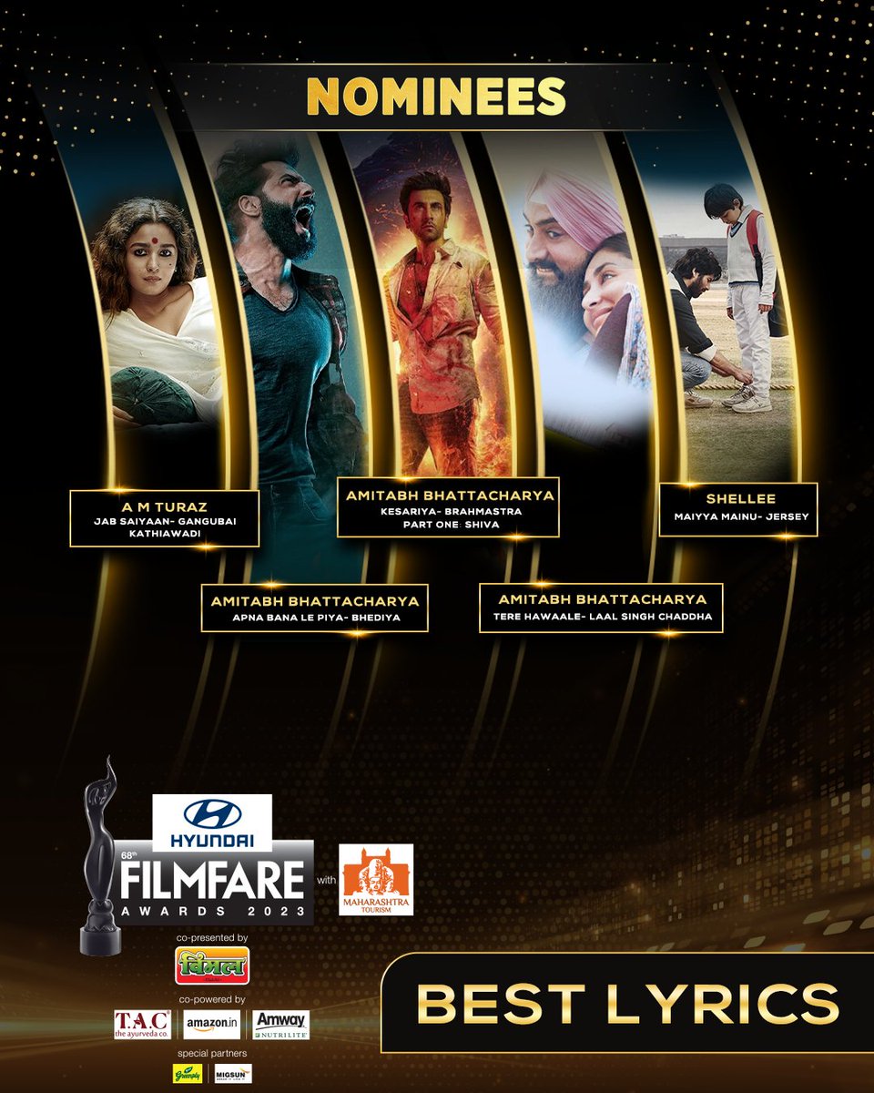 Here are the nominations for Best Lyrics for the 68th #HyundaiFilmfareAwards2023 with #MahahrashtraTourism.