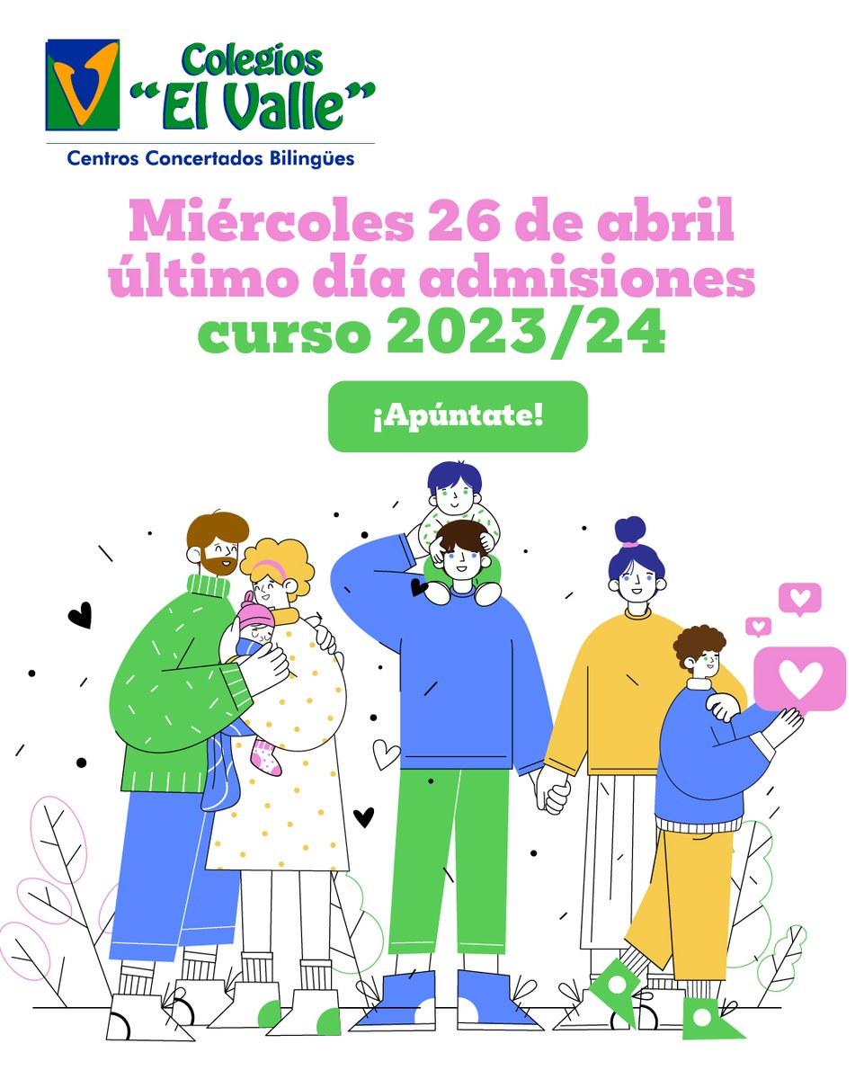 ElValle_III's tweet photo. Mañana miércoles 26 de abril termina el plazo para la inscripción de nuevos alumnos para el curso 2023/2024. ¡No te quedes sin tu plaza!
Para más información, visita nuestra página web:
https://t.co/pII4sAnP6P https://t.co/34f7sEOFEU