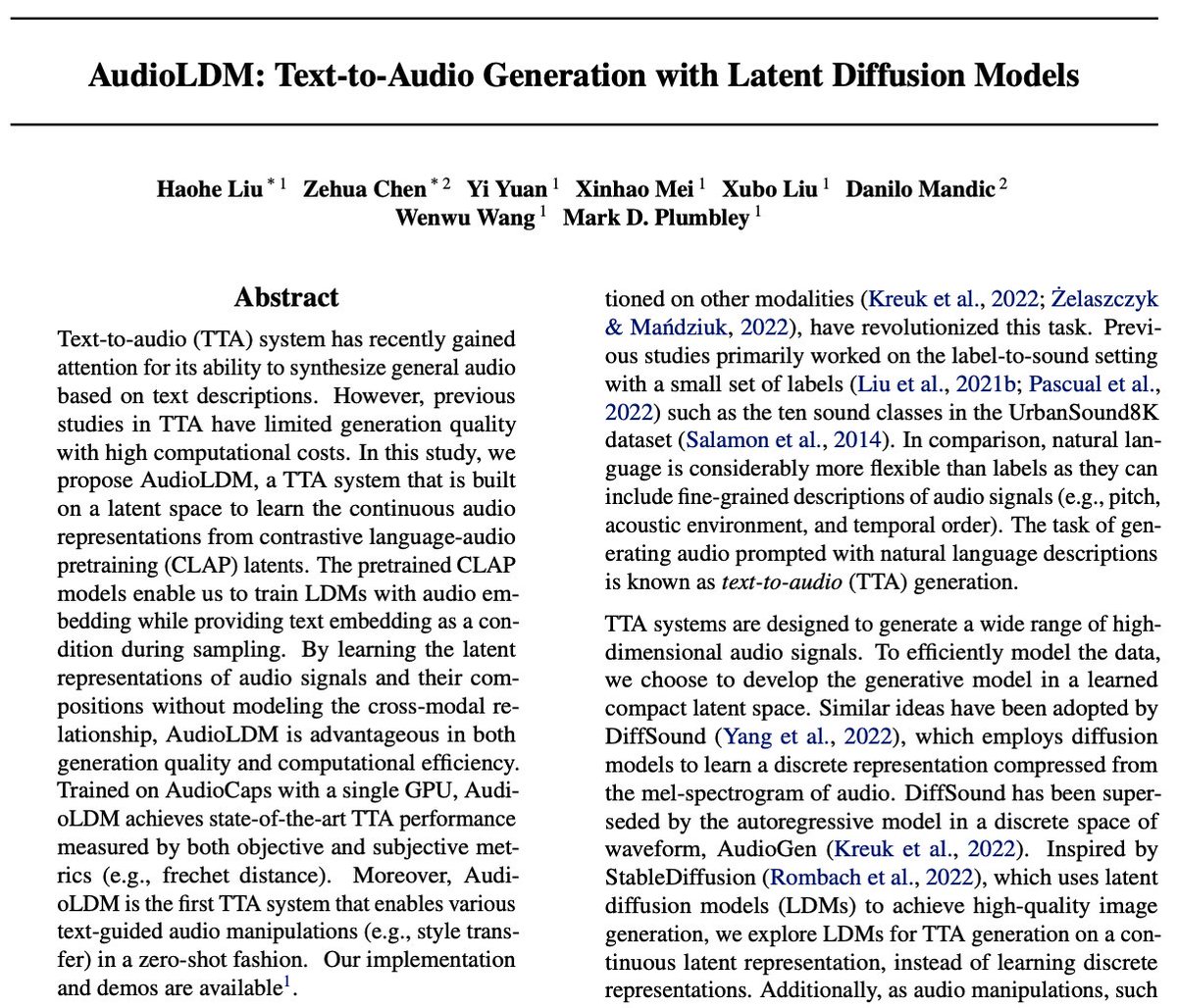 Excited to announce that our paper, "AudioLDM: Text-to-Audio Generation with Latent Diffusion Models," has been accepted at #ICML2023. Many thanks to the reviewers for their invaluable feedback. It's nice to collaborate with <a href="/ZehuaChenICL/">Zehua Chen</a> and other co-authors. 
Also, special