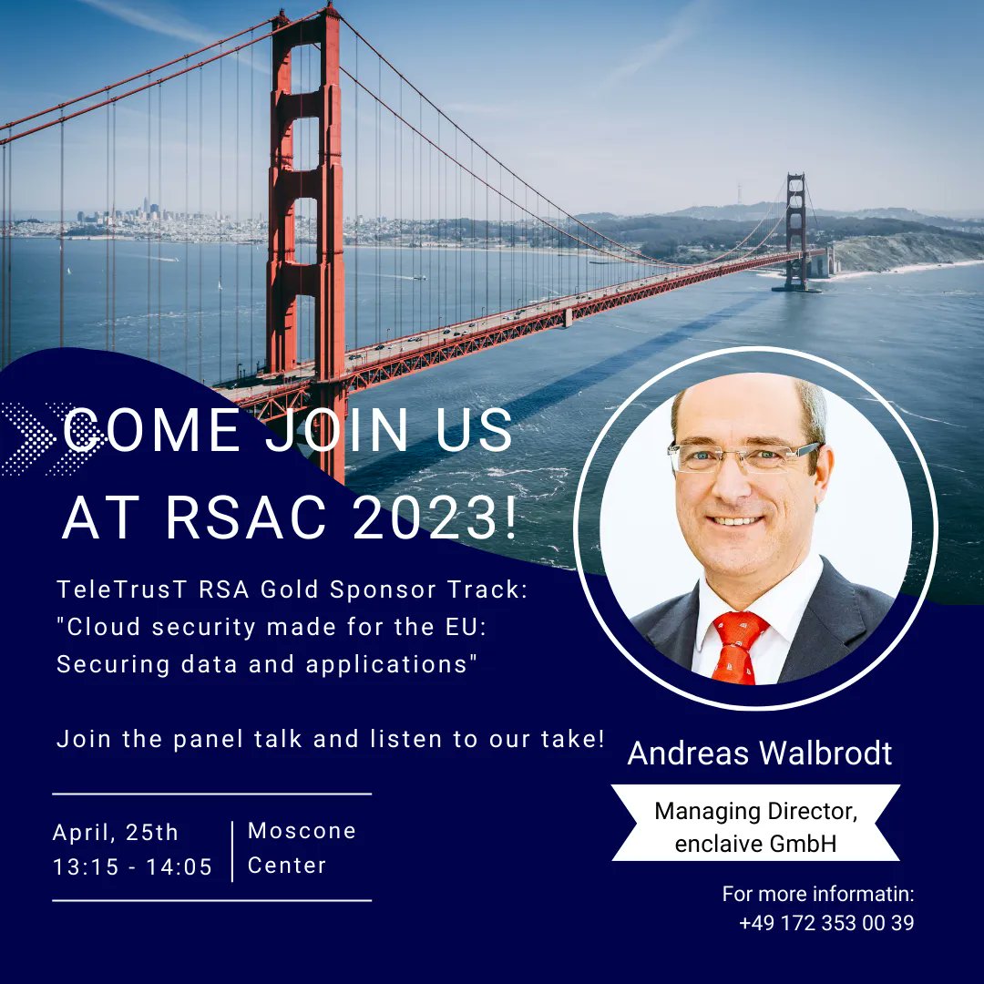 Today is the day! 

Don't miss our panel-talk, "Cloud security made for the EU: Securing data and applications,"  at 1:15 pm. 🔊🗣️ As TeleTrusT RSA Gold Sponsor Track, we'll be discussing the importance of securing data and applications in the cloud. We can't wait! 👀🤝