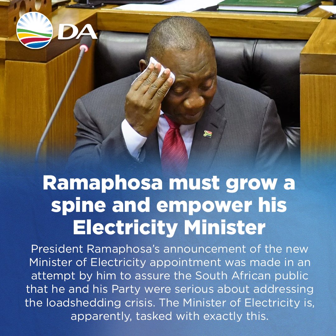 DA_GPL's tweet photo. Ramaphosa must grow a spine and empower his Electricity Minister
Soundbite: https://t.co/7MKfiWYRzM
Read more: https://t.co/ZJnT7e4oEm
#Ramaphosa #ElectricityCrisis #Loadshedding #KgosientshoRamokgopa #Empowerment #TurfWar #PerformanceContract #SustainablePlan #DA https://t.co/VwCfEYq19w