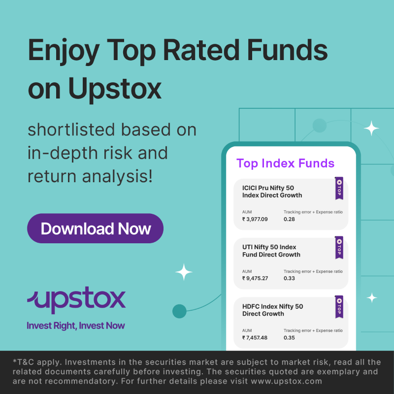 upstox's tweet photo. We've carefully curated top index mutual funds based on risk and returns, especially for beginners. Open your free Upstox account and #InvestRightInvestNow #khatakholakya